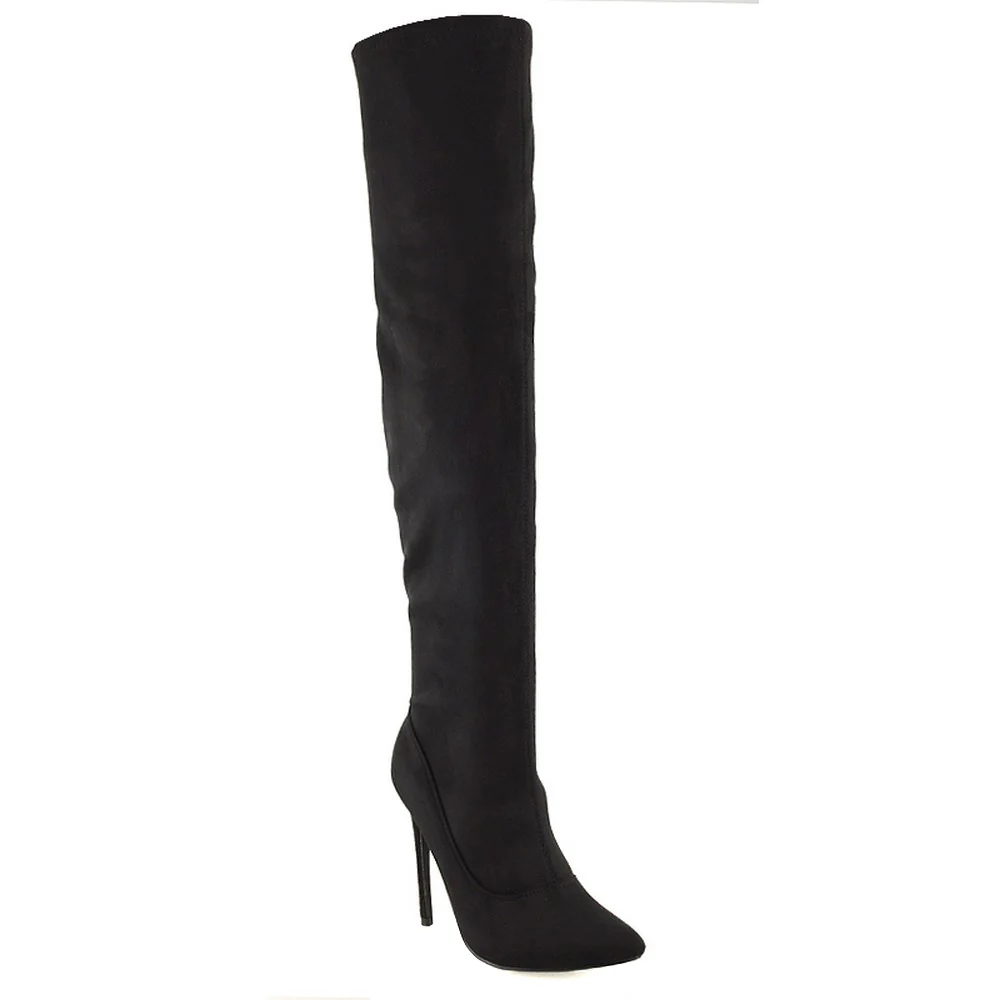 PIPER OVER THE KNEE ZIP UP THIGH HIGH STILETTO HEELED BOOTS IN BLACK FAUX SUEDE - Image 10
