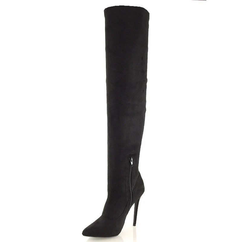 PIPER OVER THE KNEE ZIP UP THIGH HIGH STILETTO HEELED BOOTS IN BLACK FAUX SUEDE - Image 3