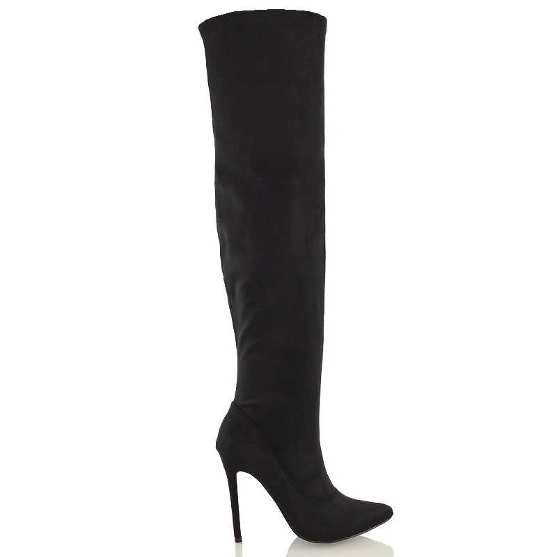 PIPER OVER THE KNEE ZIP UP THIGH HIGH STILETTO HEELED BOOTS IN BLACK FAUX SUEDE - Image 4