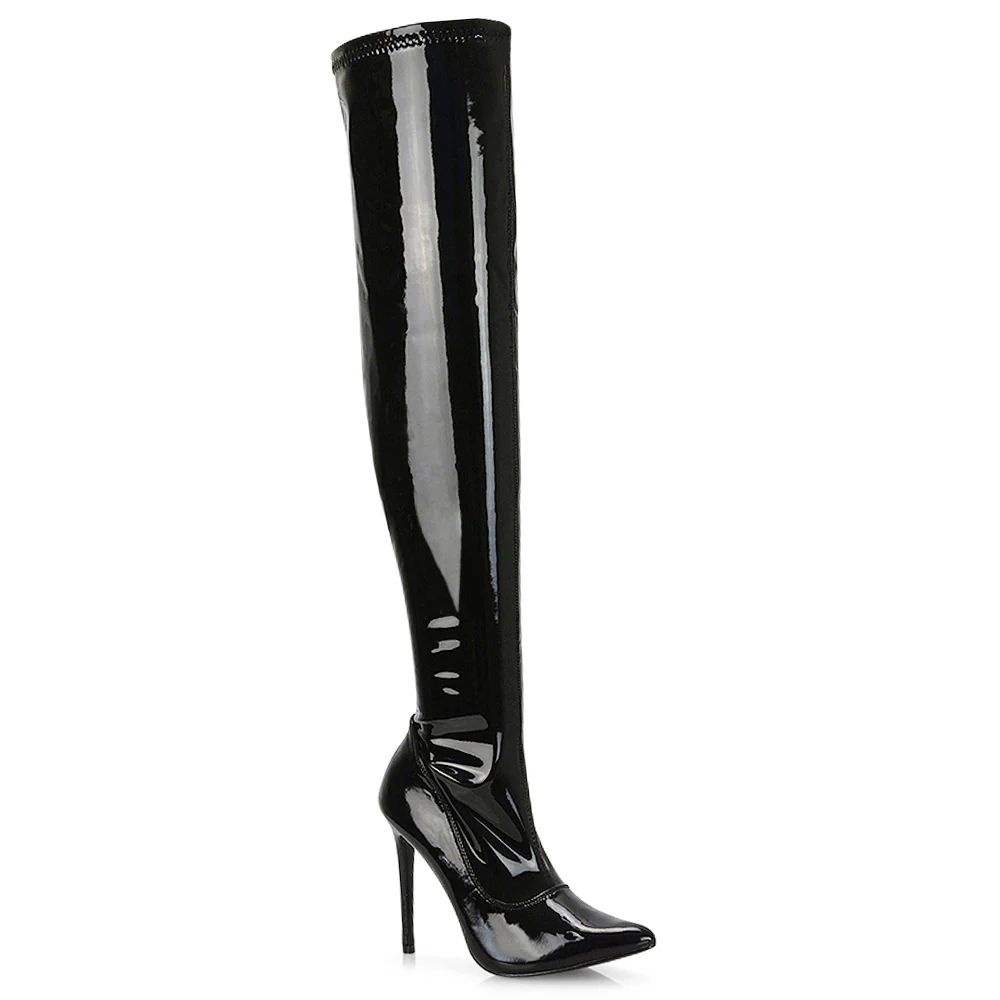 PIPER OVER THE KNEE ZIP UP THIGH HIGH STILETTO HEELED BOOTS IN BLACK PATENT - Image 3