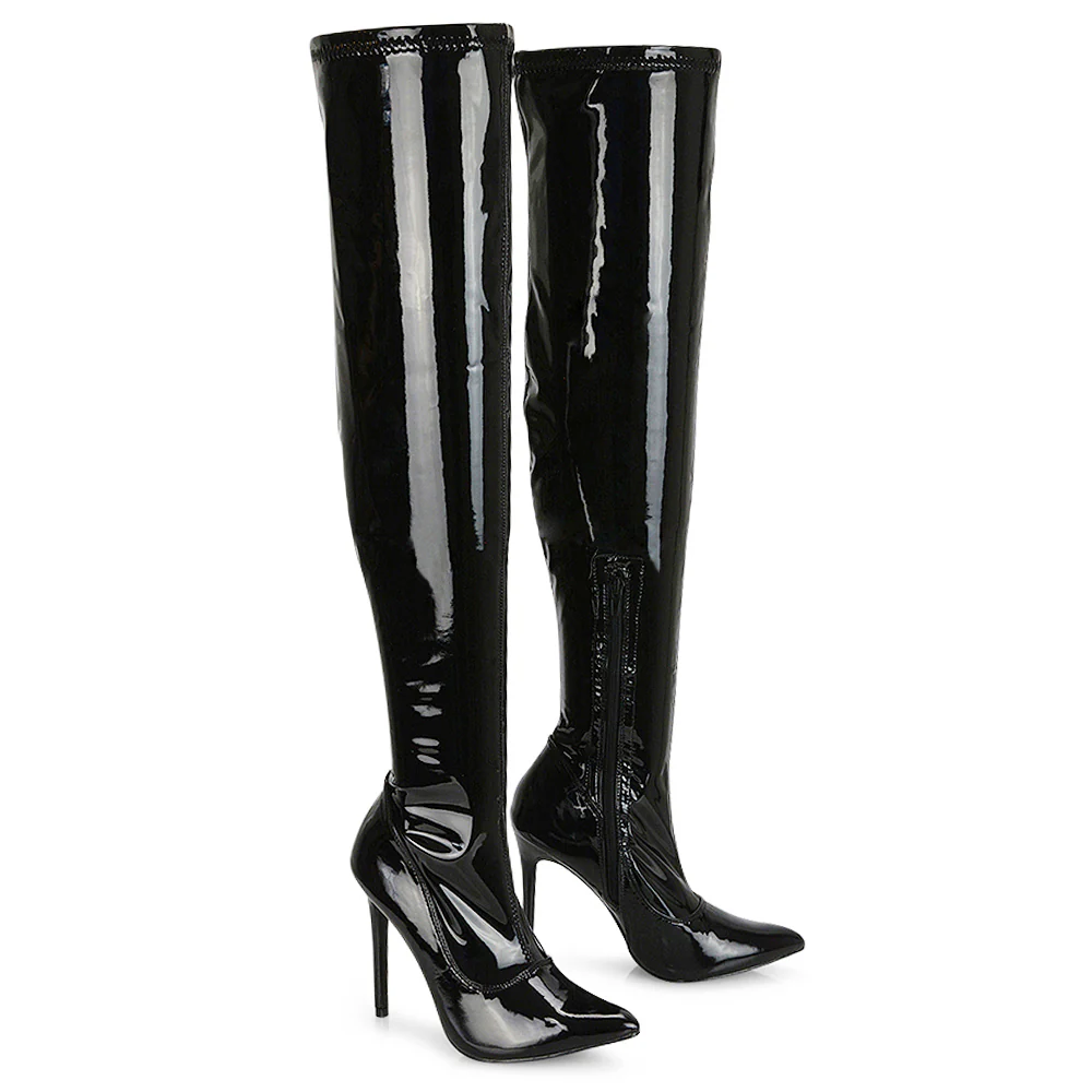 PIPER OVER THE KNEE ZIP UP THIGH HIGH STILETTO HEELED BOOTS IN BLACK PATENT - Image 44