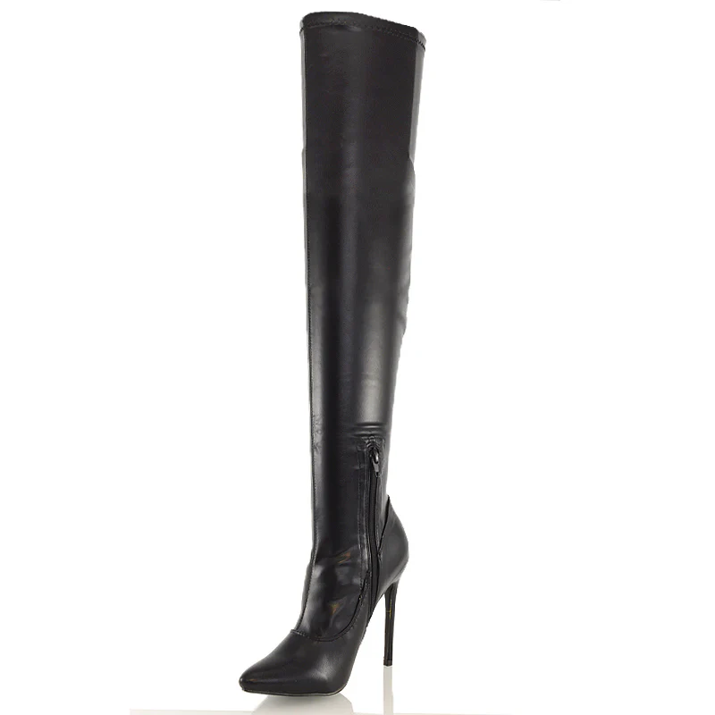 PIPER OVER THE KNEE ZIP UP THIGH HIGH STILETTO HEELED BOOTS IN BLACK SYNTHETIC LEATHER - Image 3