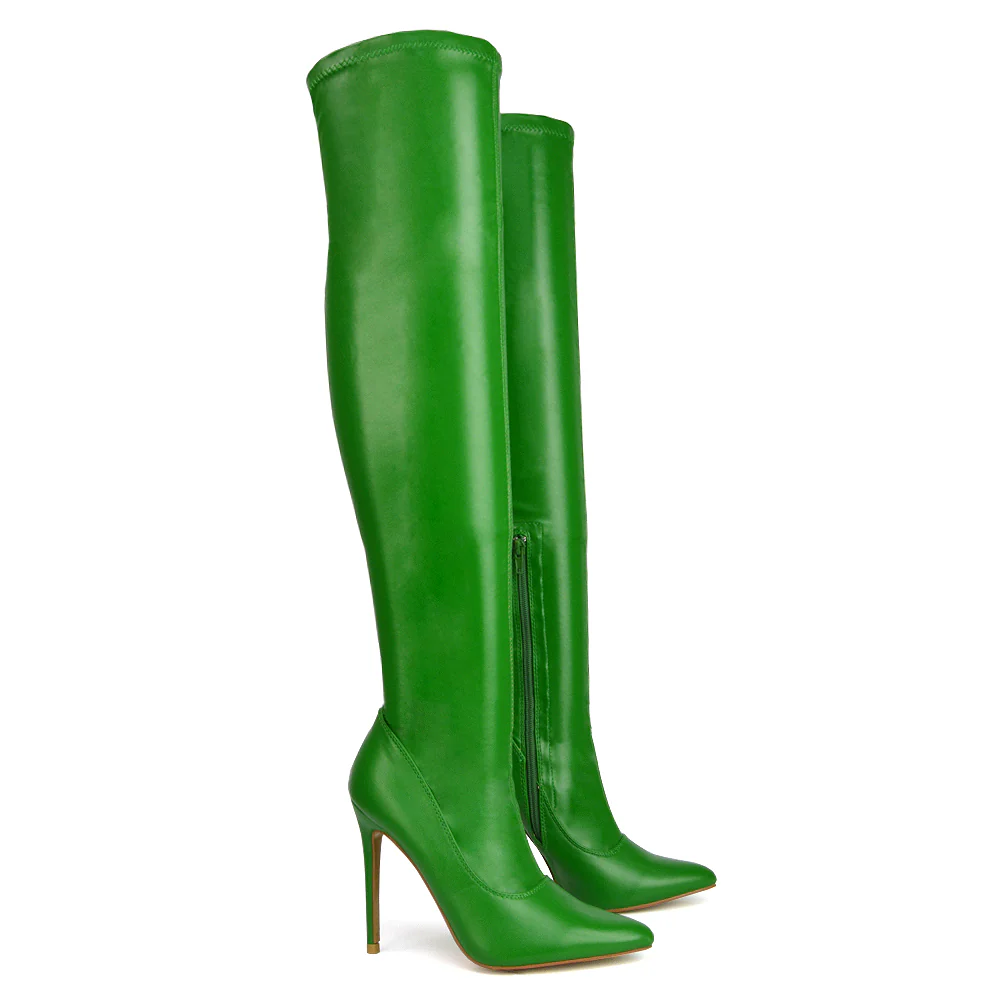 PIPER OVER THE KNEE ZIP UP THIGH HIGH STILETTO HEELED BOOTS IN BROWN SYNTHETIC LEATHER - Image 23