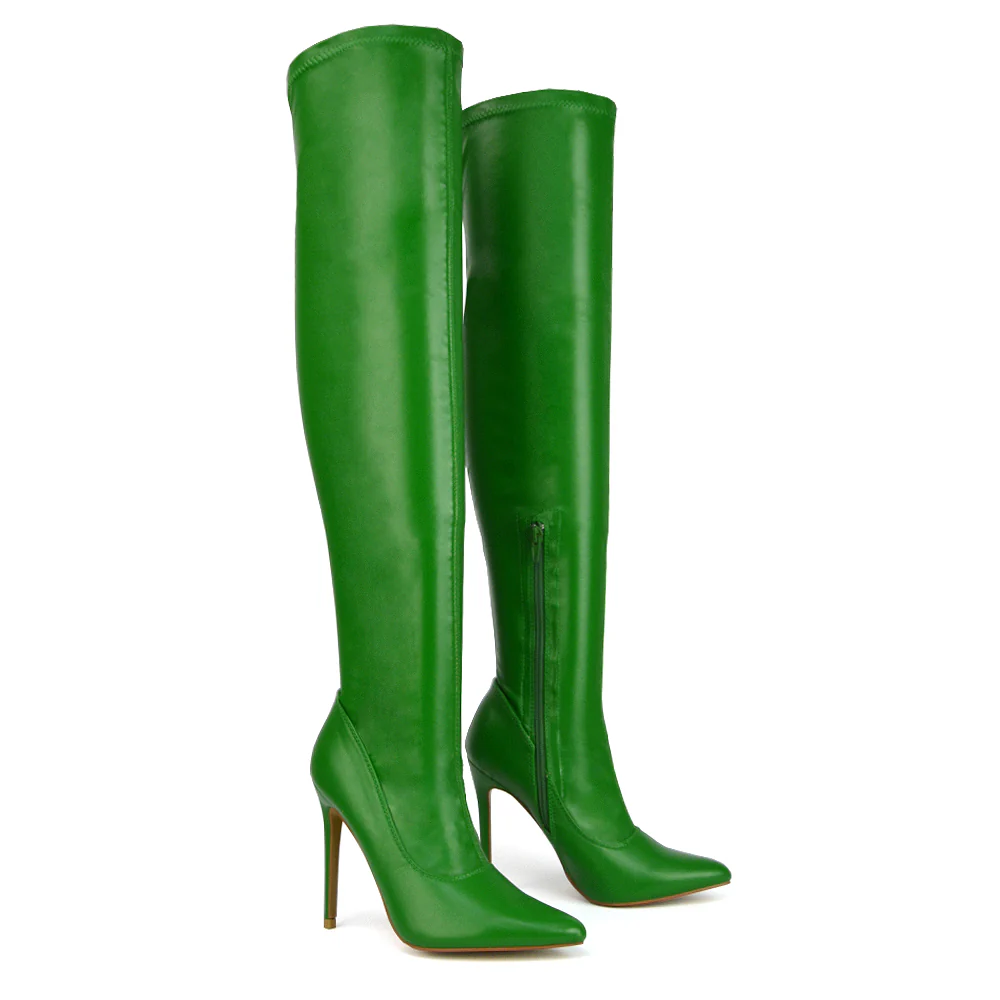 PIPER OVER THE KNEE ZIP UP THIGH HIGH STILETTO HEELED BOOTS IN BROWN SYNTHETIC LEATHER - Image 25