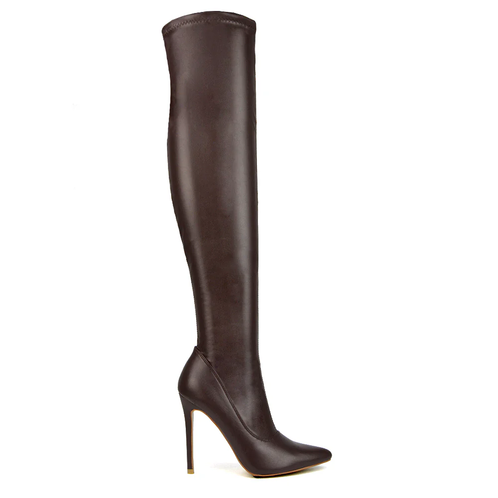 PIPER OVER THE KNEE ZIP UP THIGH HIGH STILETTO HEELED BOOTS IN BROWN SYNTHETIC LEATHER - Image 34