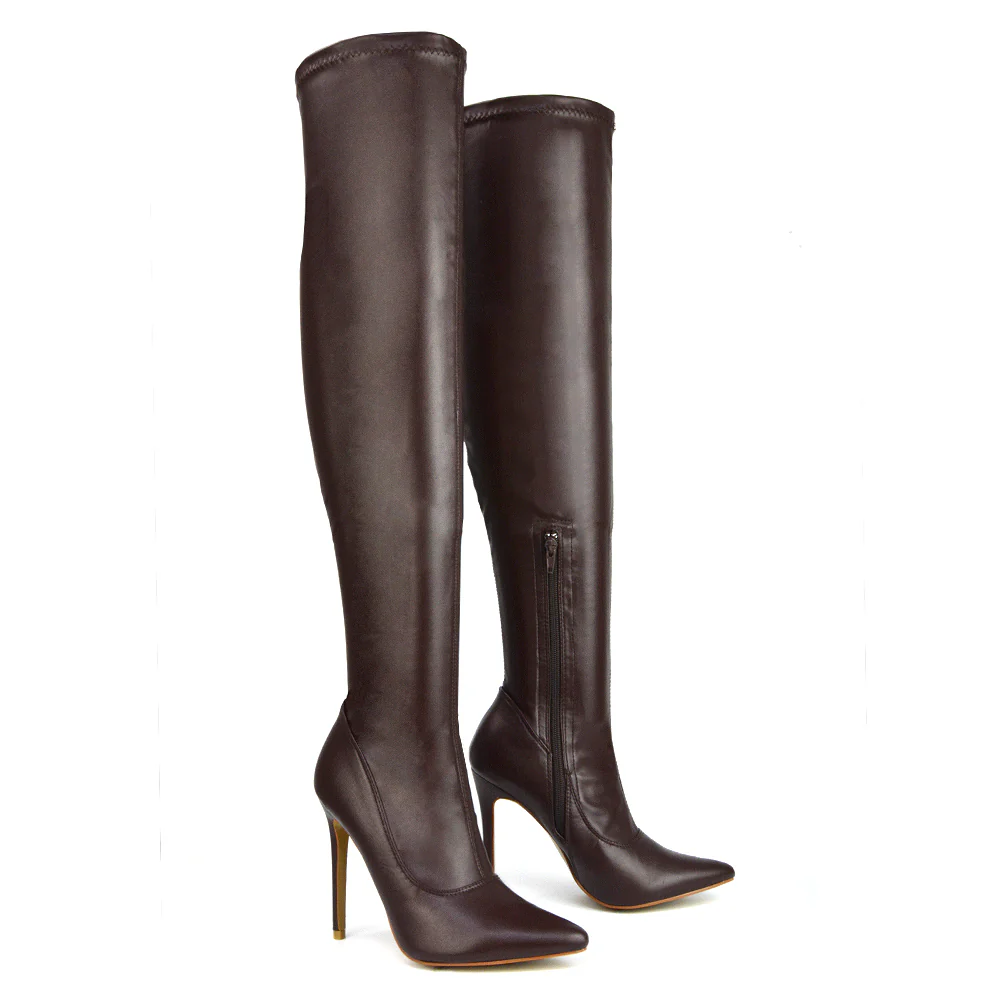 PIPER OVER THE KNEE ZIP UP THIGH HIGH STILETTO HEELED BOOTS IN BROWN SYNTHETIC LEATHER - Image 35