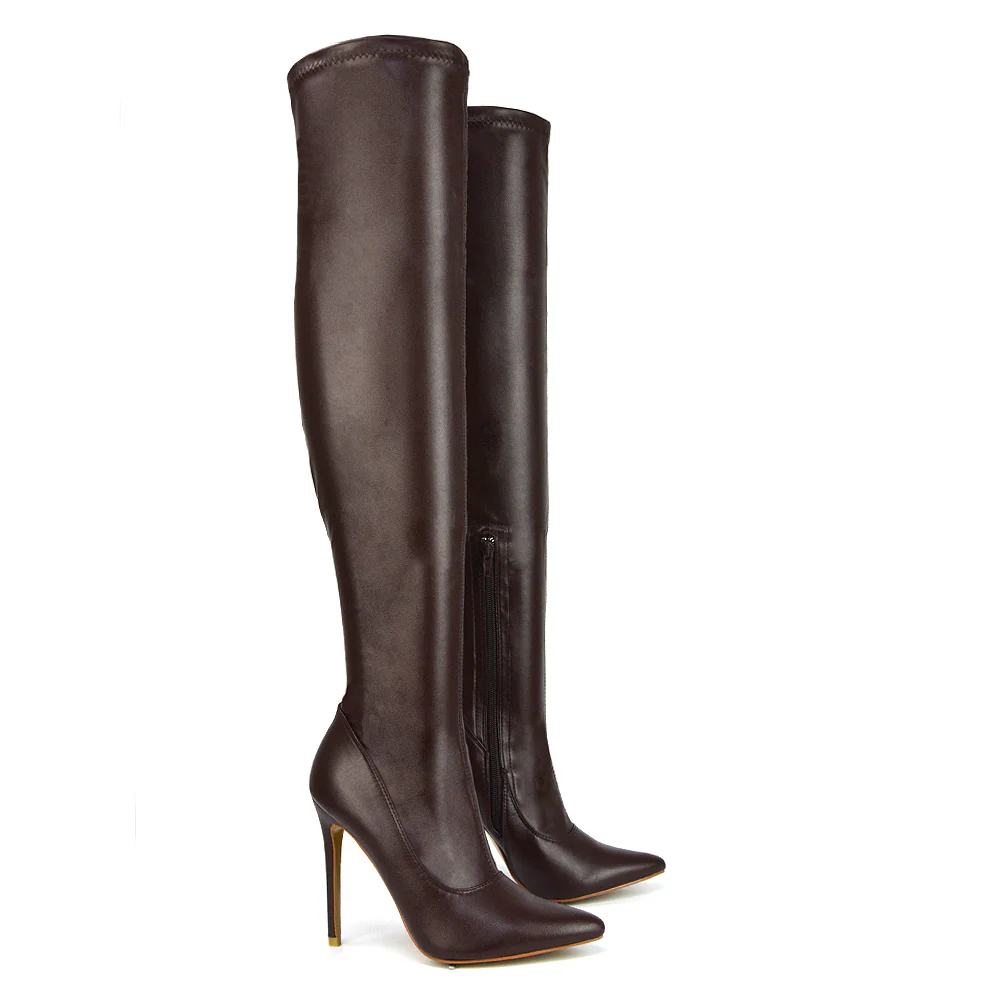 PIPER OVER THE KNEE ZIP UP THIGH HIGH STILETTO HEELED BOOTS IN BROWN SYNTHETIC LEATHER - Image 49