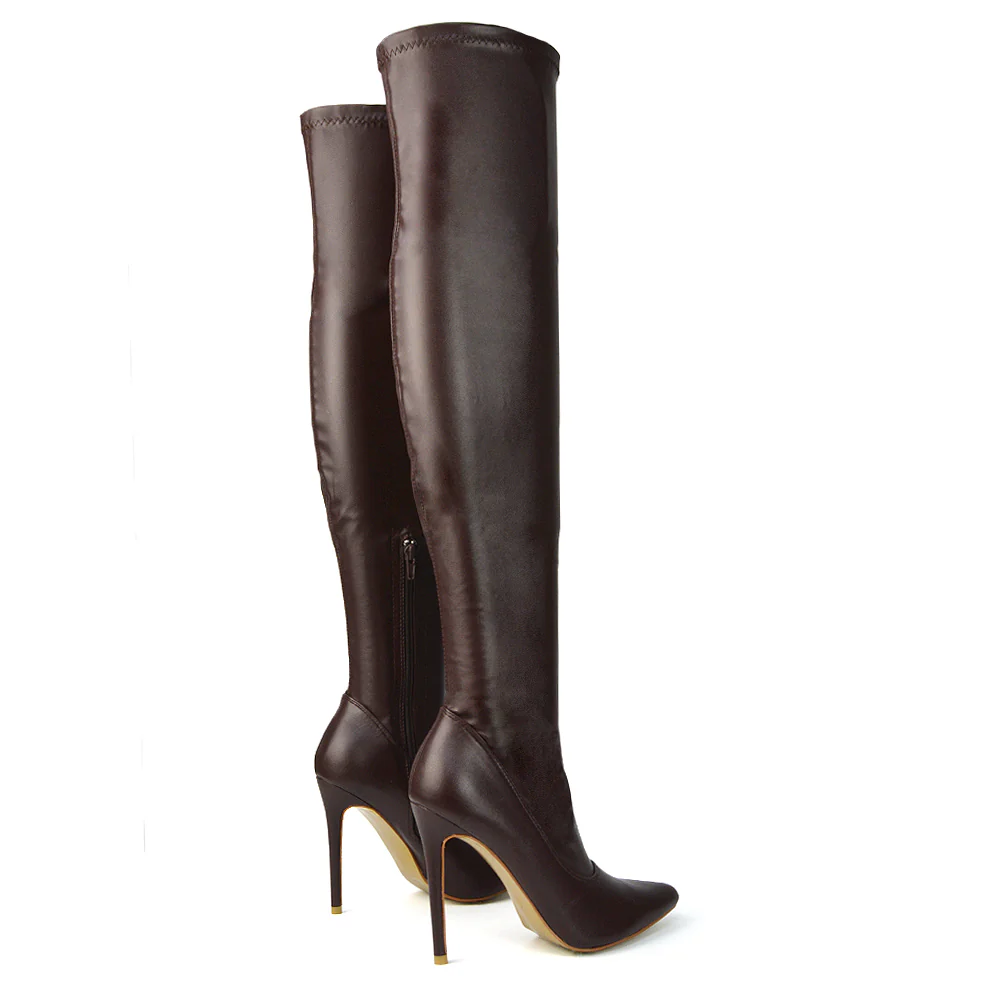 PIPER OVER THE KNEE ZIP UP THIGH HIGH STILETTO HEELED BOOTS IN BROWN SYNTHETIC LEATHER - Image 52