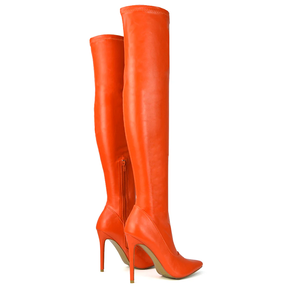 PIPER OVER THE KNEE ZIP UP THIGH HIGH STILETTO HEELED BOOTS IN BROWN SYNTHETIC LEATHER - Image 56
