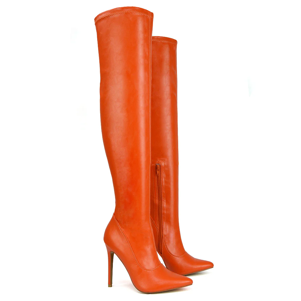 PIPER OVER THE KNEE ZIP UP THIGH HIGH STILETTO HEELED BOOTS IN BROWN SYNTHETIC LEATHER - Image 59