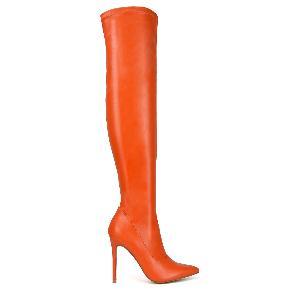 PIPER OVER THE KNEE ZIP UP THIGH HIGH STILETTO HEELED BOOTS IN BROWN SYNTHETIC LEATHER - Image 62