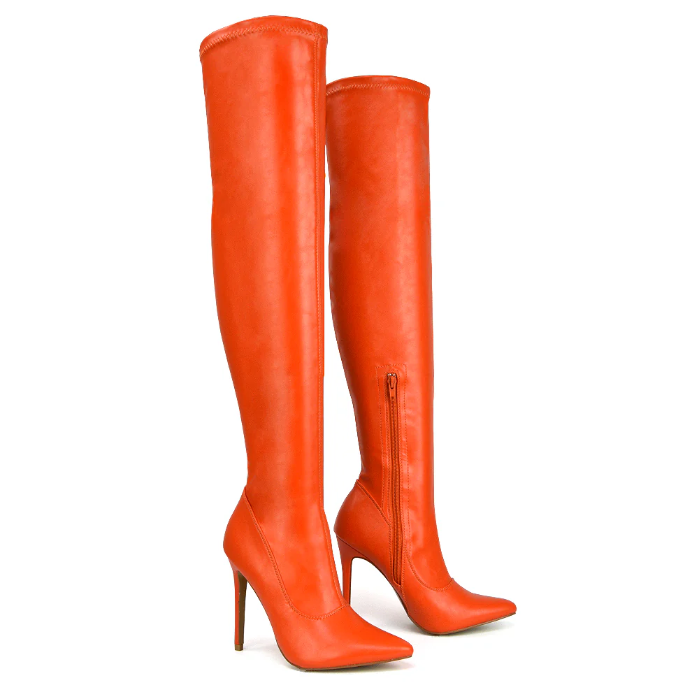 PIPER OVER THE KNEE ZIP UP THIGH HIGH STILETTO HEELED BOOTS IN BROWN SYNTHETIC LEATHER - Image 73