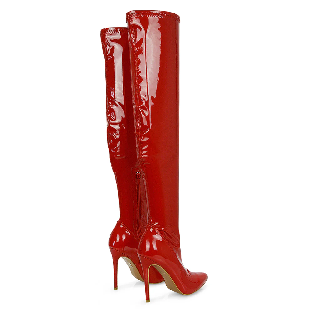 PIPER OVER THE KNEE ZIP UP THIGH HIGH STILETTO HEELED BOOTS IN RED PATENT - Image 56