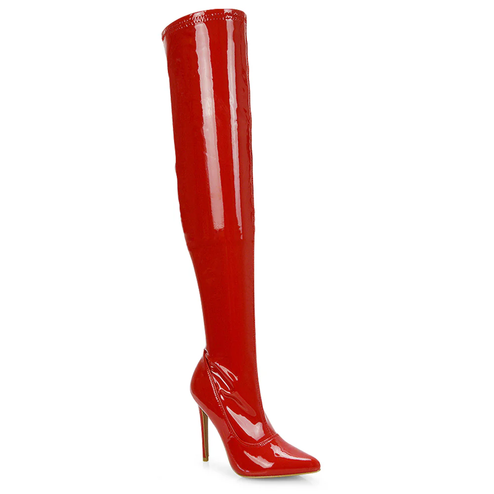 PIPER OVER THE KNEE ZIP UP THIGH HIGH STILETTO HEELED BOOTS IN RED PATENT - Image 58