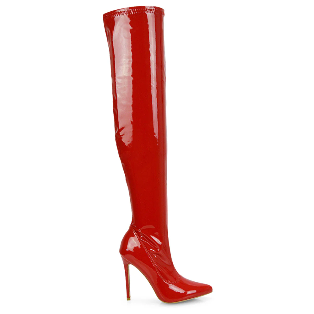 PIPER OVER THE KNEE ZIP UP THIGH HIGH STILETTO HEELED BOOTS IN RED PATENT - Image 7