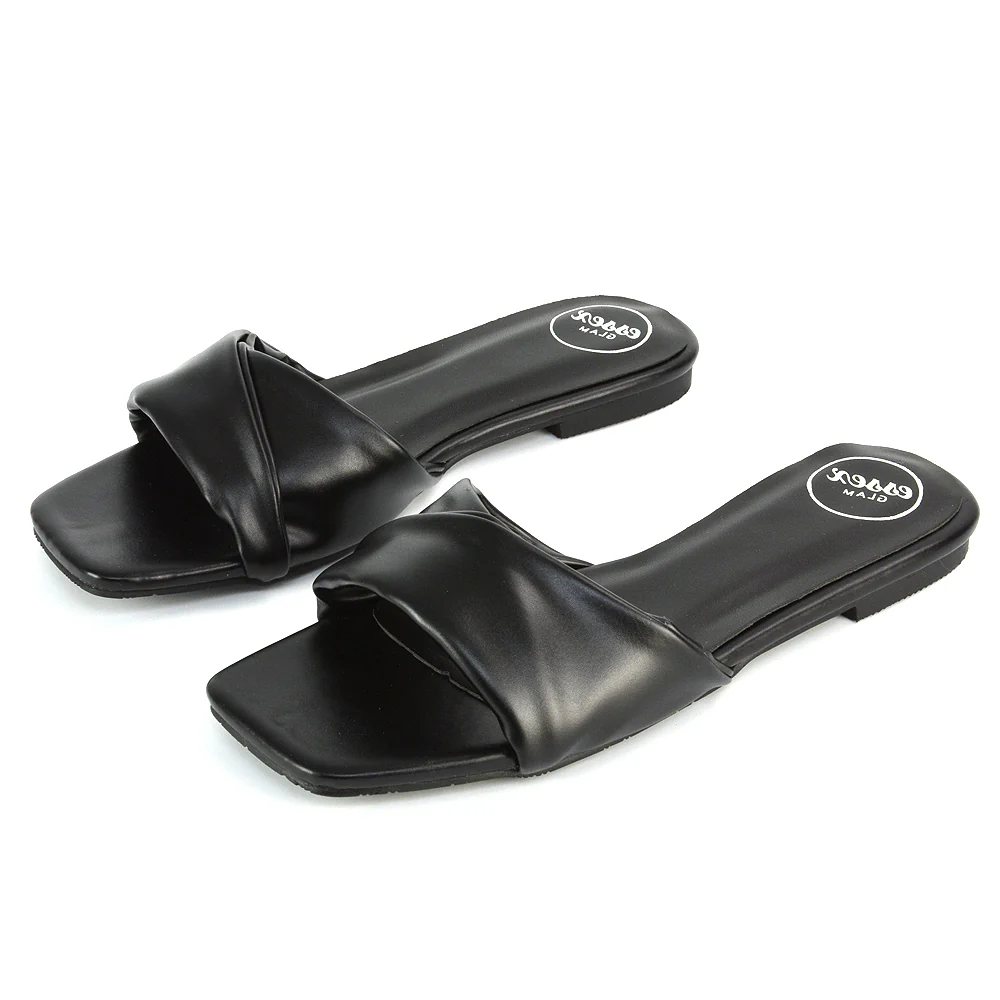 Pippa Twisted Strap Square Toe Flat Sandal Sliders in Black Synthetic Leather - Image 41