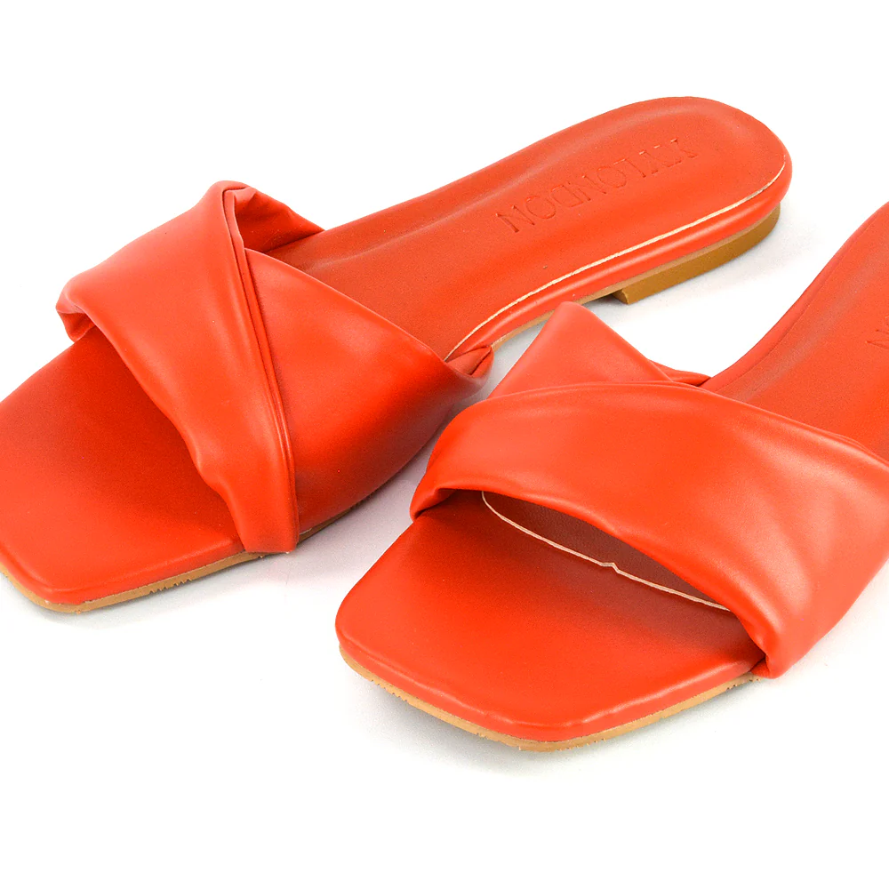 Pippa Twisted Strap Square Toe Flat Sandal Sliders in Black Synthetic Leather - Image 58