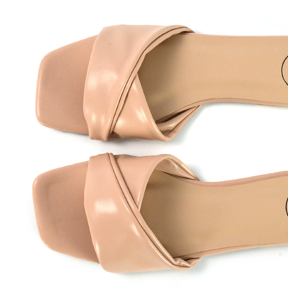 Pippa Twisted Strap Square Toe Flat Sandal Sliders in Nude Synthetic Leather - Image 110