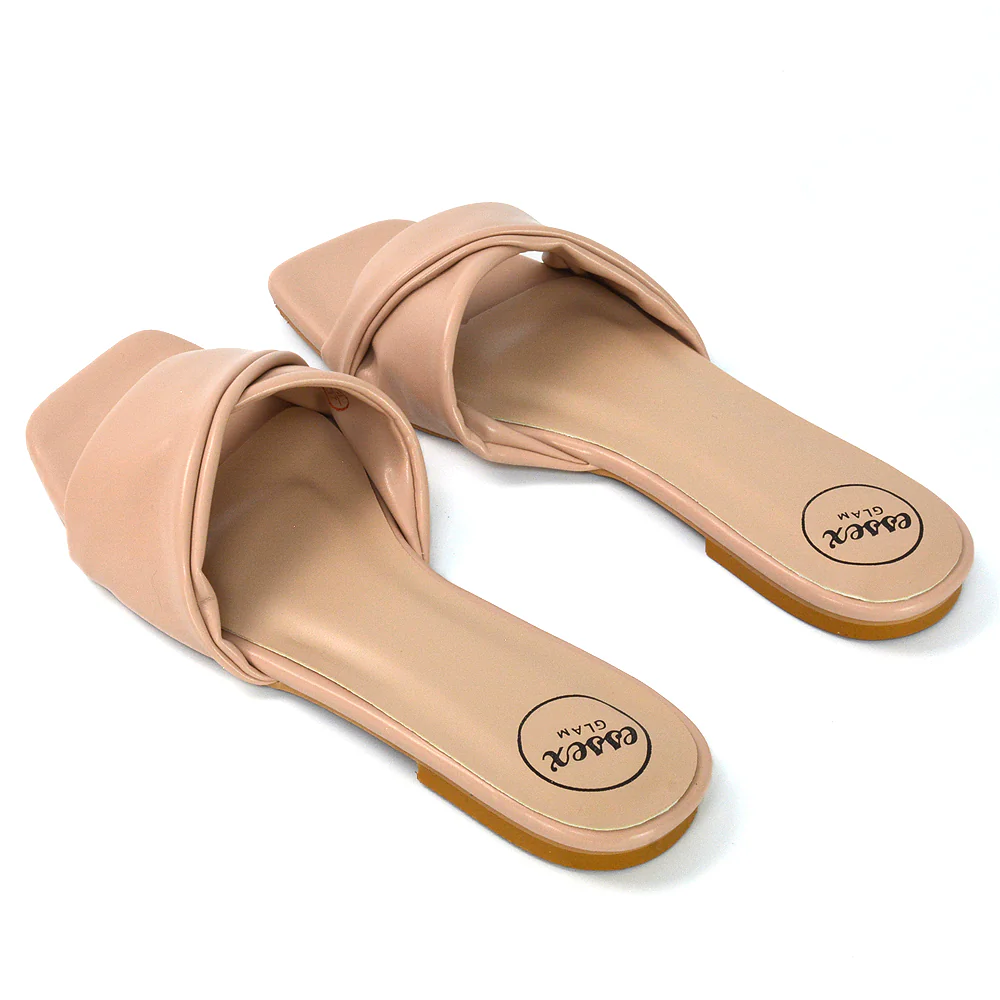 Pippa Twisted Strap Square Toe Flat Sandal Sliders in Nude Synthetic Leather - Image 5