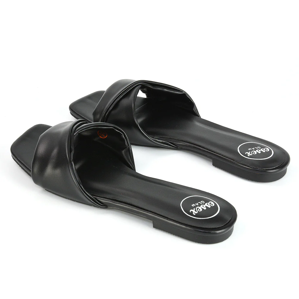 Pippa Twisted Strap Square Toe Flat Sandal Sliders in Orange Synthetic Leather - Image 13