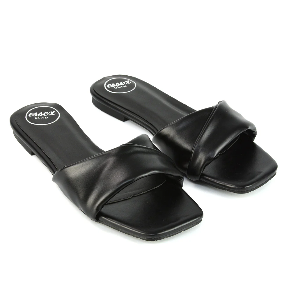 Pippa Twisted Strap Square Toe Flat Sandal Sliders in Orange Synthetic Leather - Image 14