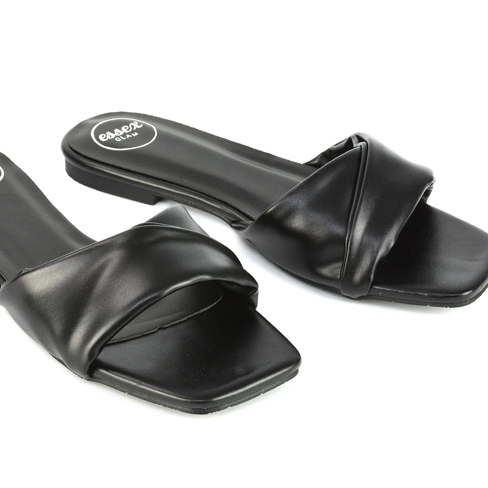 Pippa Twisted Strap Square Toe Flat Sandal Sliders in Orange Synthetic Leather - Image 23