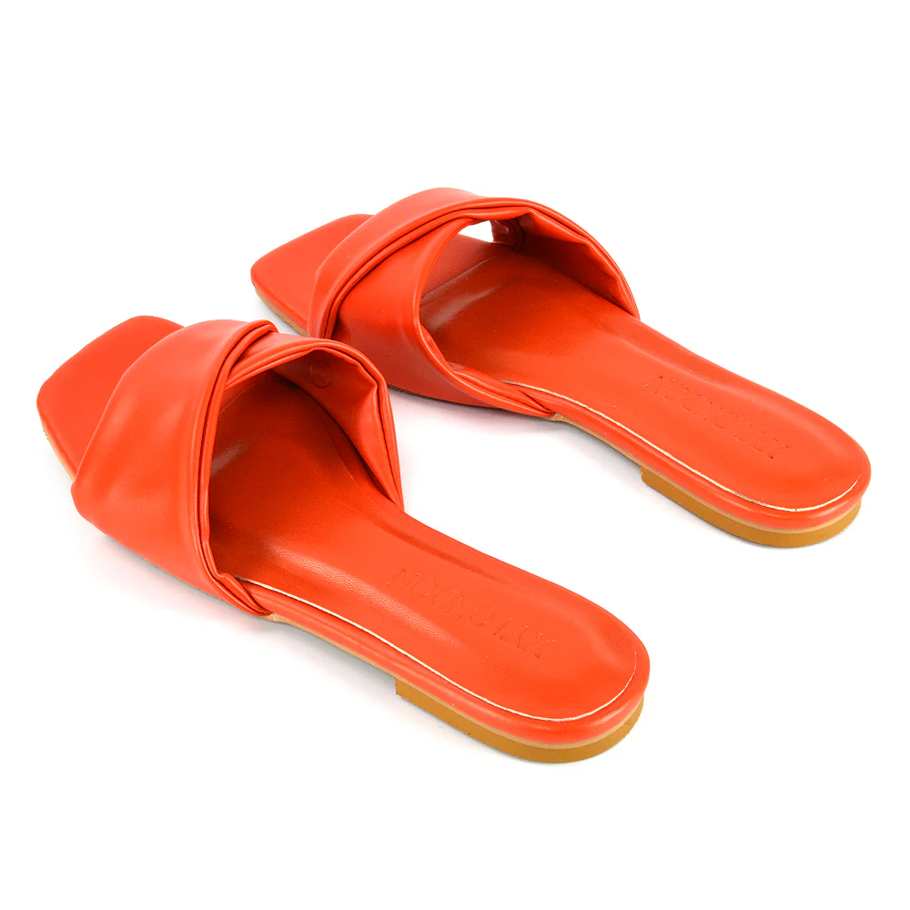 Pippa Twisted Strap Square Toe Flat Sandal Sliders in Orange Synthetic Leather - Image 55