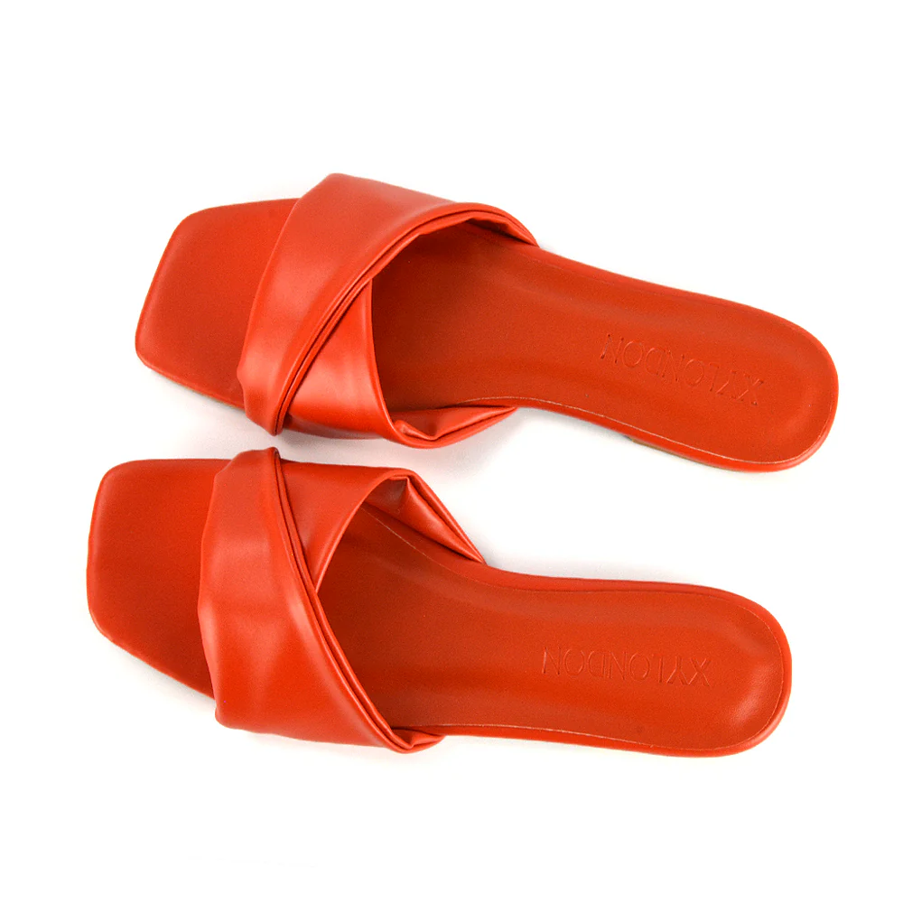 Pippa Twisted Strap Square Toe Flat Sandal Sliders in Orange Synthetic Leather - Image 60