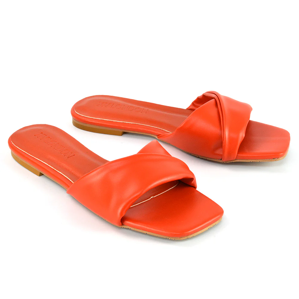 Pippa Twisted Strap Square Toe Flat Sandal Sliders in Orange Synthetic Leather - Image 62