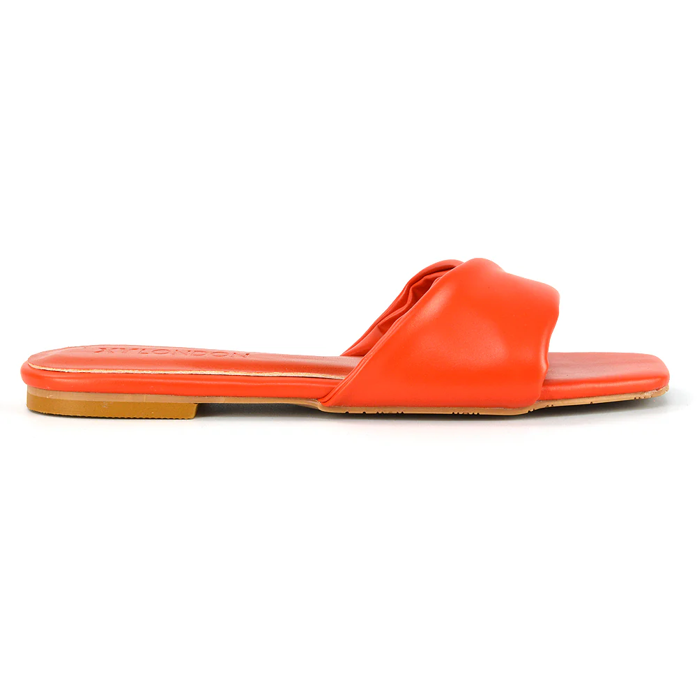 Pippa Twisted Strap Square Toe Flat Sandal Sliders in Orange Synthetic Leather - Image 70