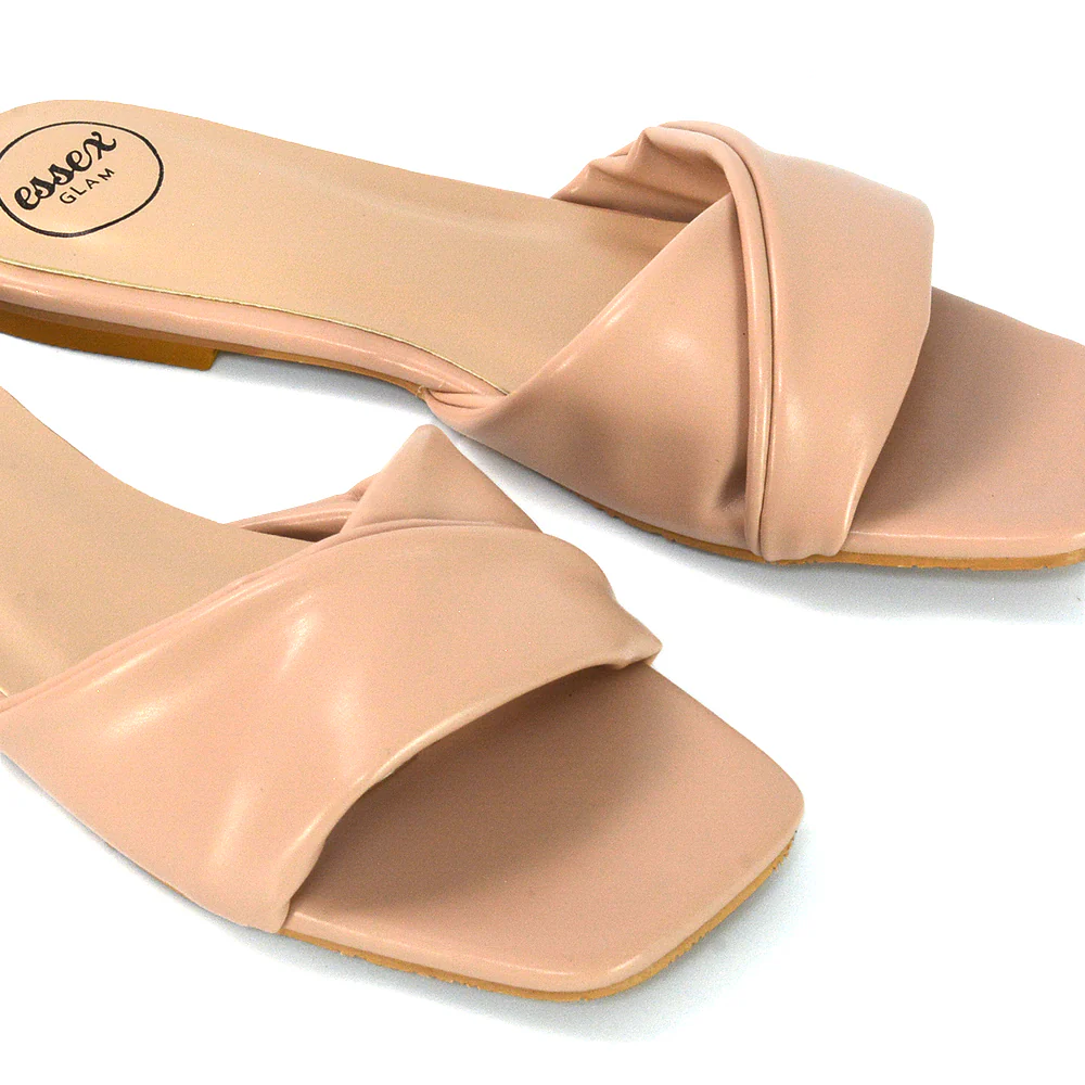 Pippa Twisted Strap Square Toe Flat Sandal Sliders in Orange Synthetic Leather - Image 83