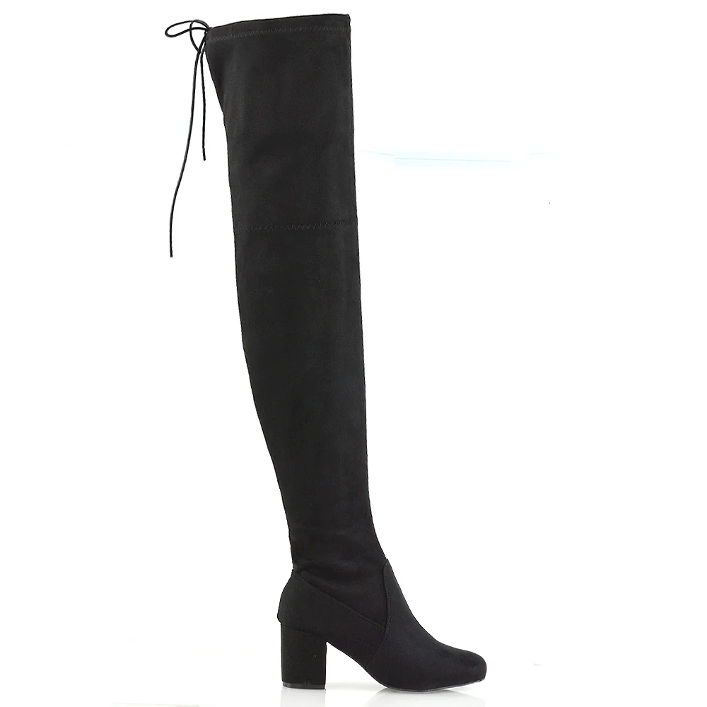 Pixie Block High Heel Thigh High Over The Knee Boots in Black Faux Suede - Image 5