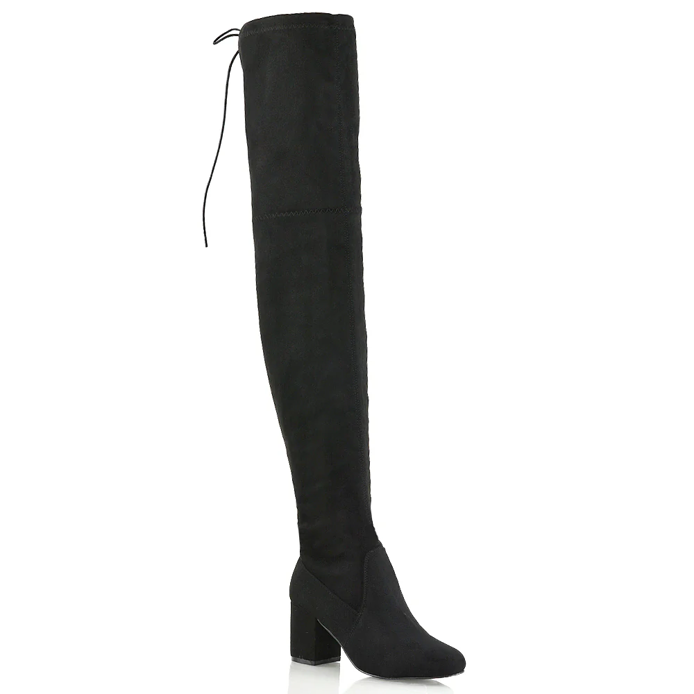 Pixie Block High Heel Thigh High Over The Knee Boots in Black Faux Suede - Image 6