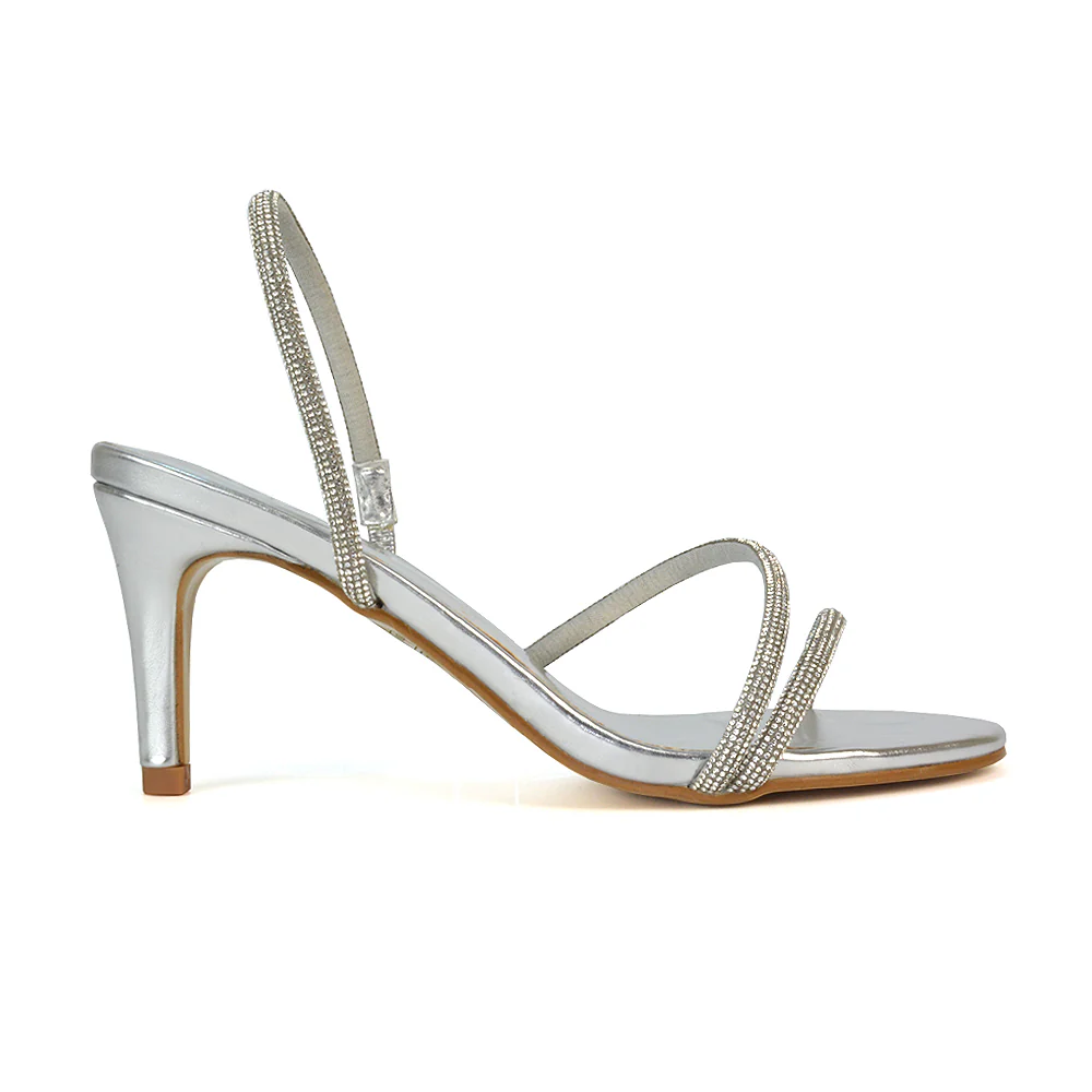 Polly Slingback Strappy Diamante Stiletto High Heel Sandals in Black Shimmer - Image 10