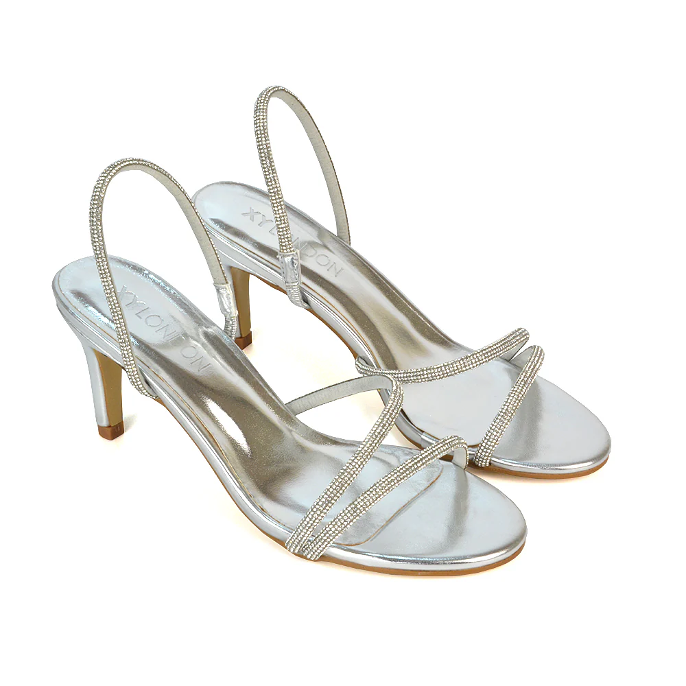 Polly Slingback Strappy Diamante Stiletto High Heel Sandals in Silver Metallic - Image 5