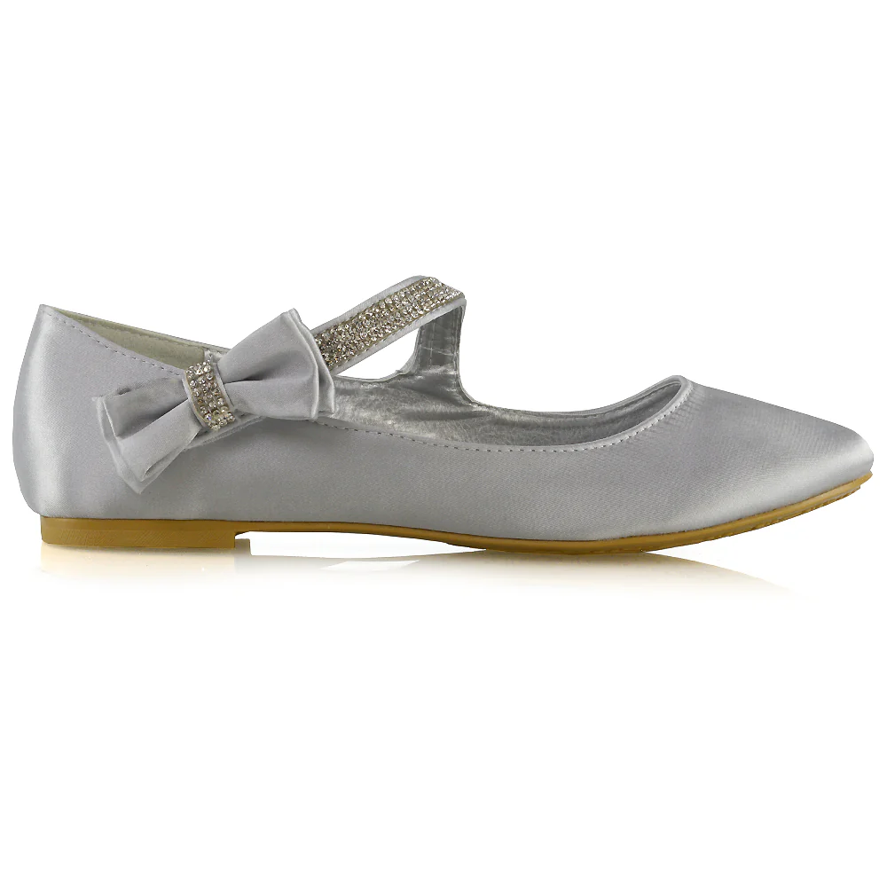 Poppy-Faye Embellished Bow Detail Diamante Strap Wedding Pumps Flat Bridal Shoes in Ivory Satin - Image 20