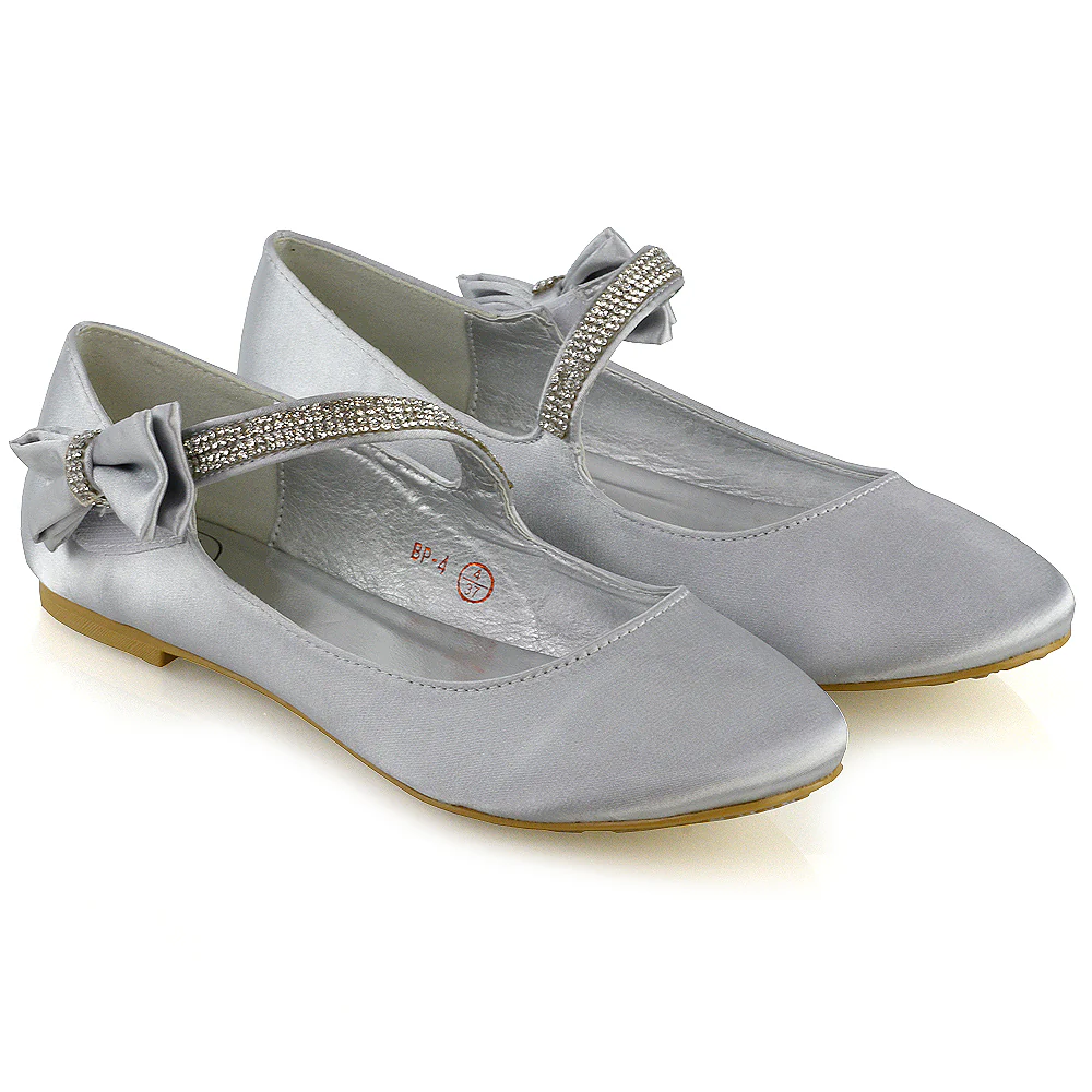 Poppy-Faye Embellished Bow Detail Diamante Strap Wedding Pumps Flat Bridal Shoes in Ivory Satin - Image 49