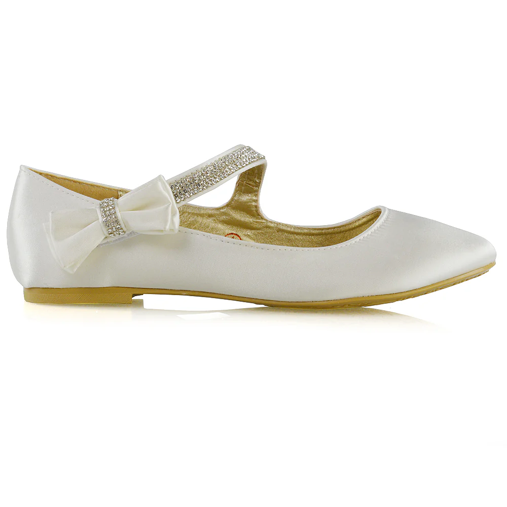 Poppy-Faye Embellished Bow Detail Diamante Strap Wedding Pumps Flat Bridal Shoes in Ivory Satin - Image 53
