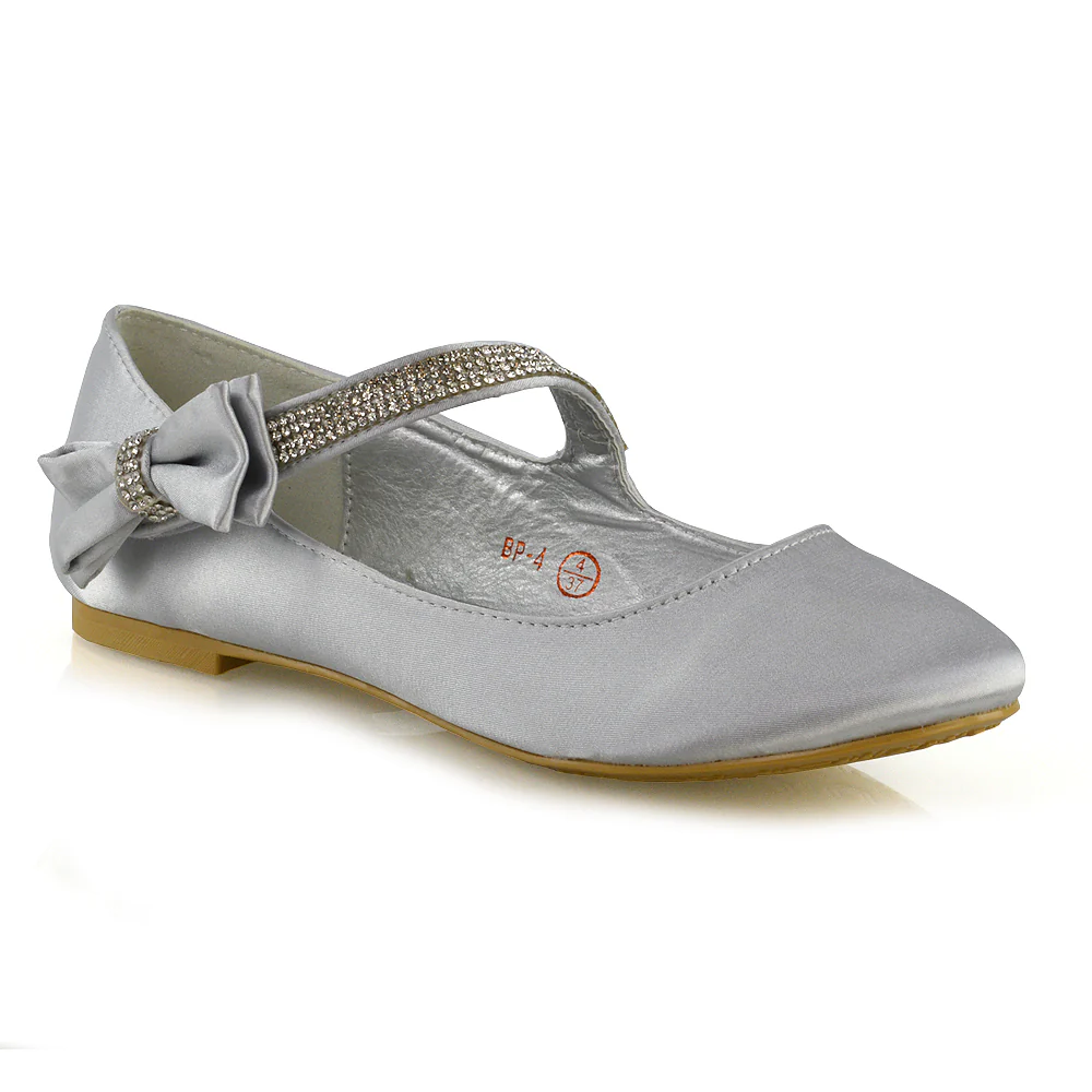 Poppy-Faye Embellished Bow Detail Diamante Strap Wedding Pumps Flat Bridal Shoes in Ivory Satin - Image 69