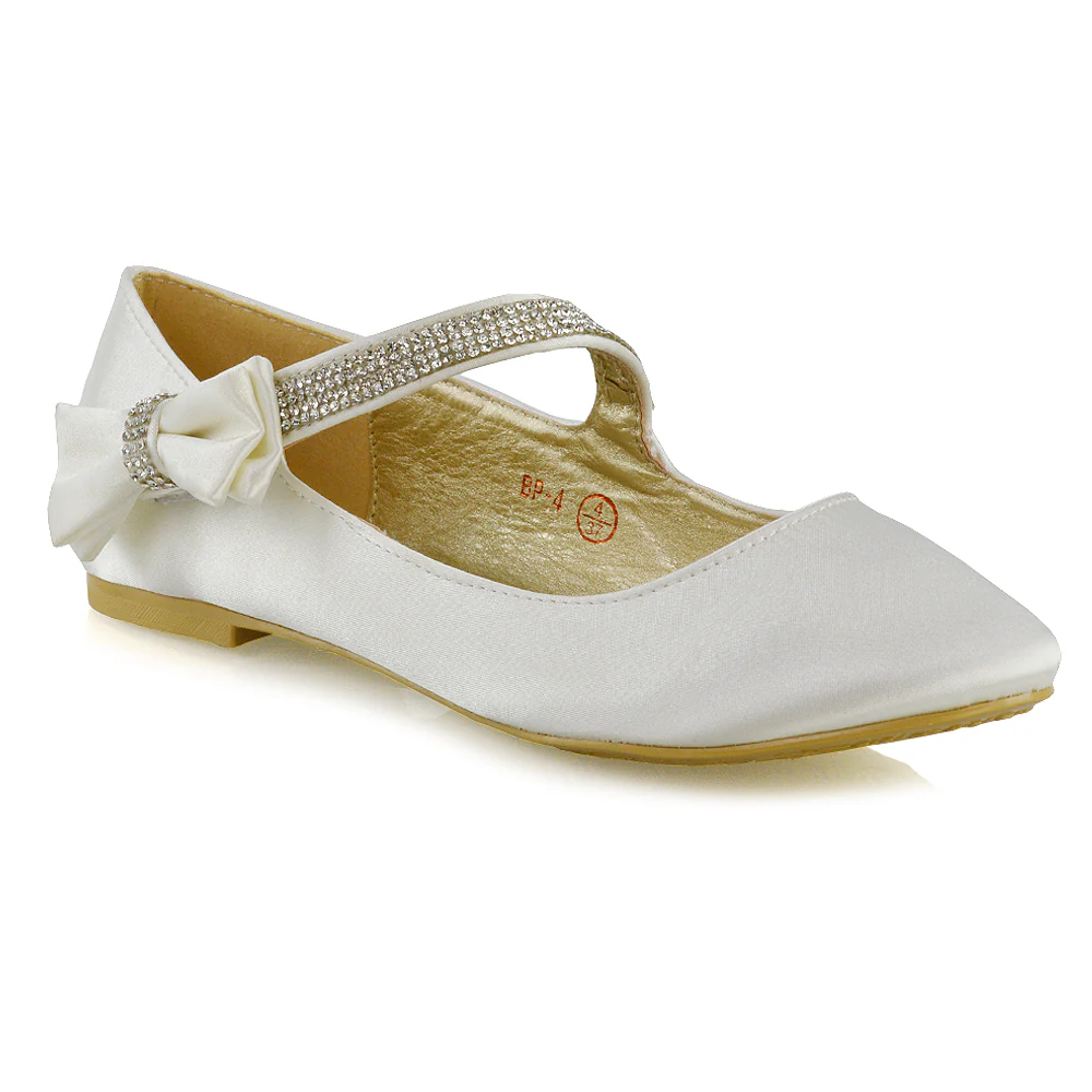 Poppy-Faye Embellished Bow Detail Diamante Strap Wedding Pumps Flat Bridal Shoes in Ivory Satin - Image 72