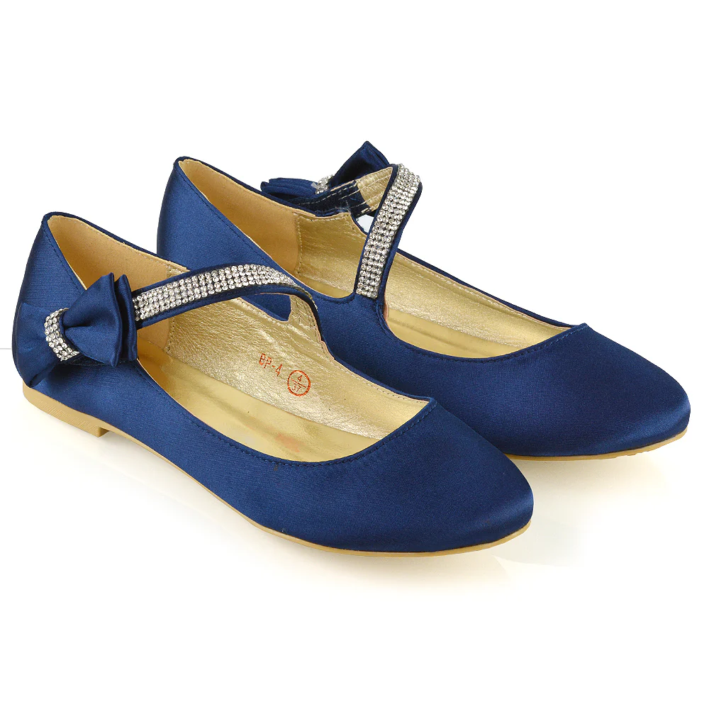 Poppy-Faye Embellished Bow Detail Diamante Strap Wedding Pumps Flat Bridal Shoes in Navy Satin - Image 13