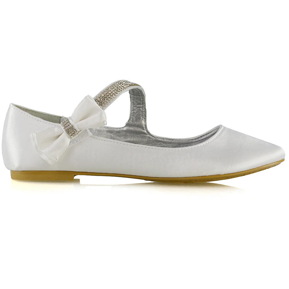Poppy-Faye Embellished Bow Detail Diamante Strap Wedding Pumps Flat Bridal Shoes in Navy Satin - Image 59