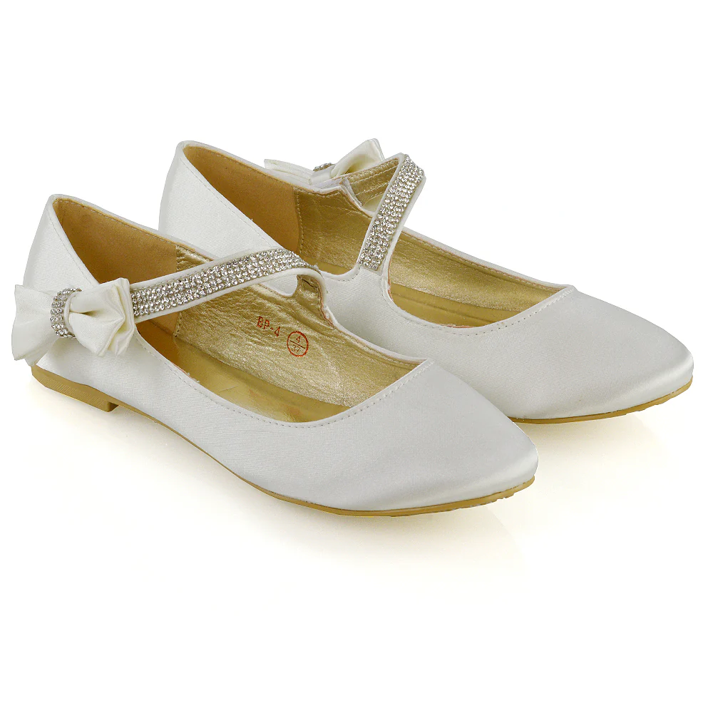 Poppy-Faye Embellished Bow Detail Diamante Strap Wedding Pumps Flat Bridal Shoes in Pastel Pink Satin - Image 4