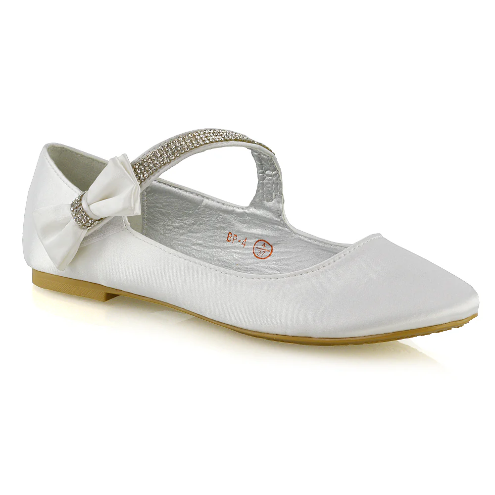 Poppy-Faye Embellished Bow Detail Diamante Strap Wedding Pumps Flat Bridal Shoes in White Satin - Image 12