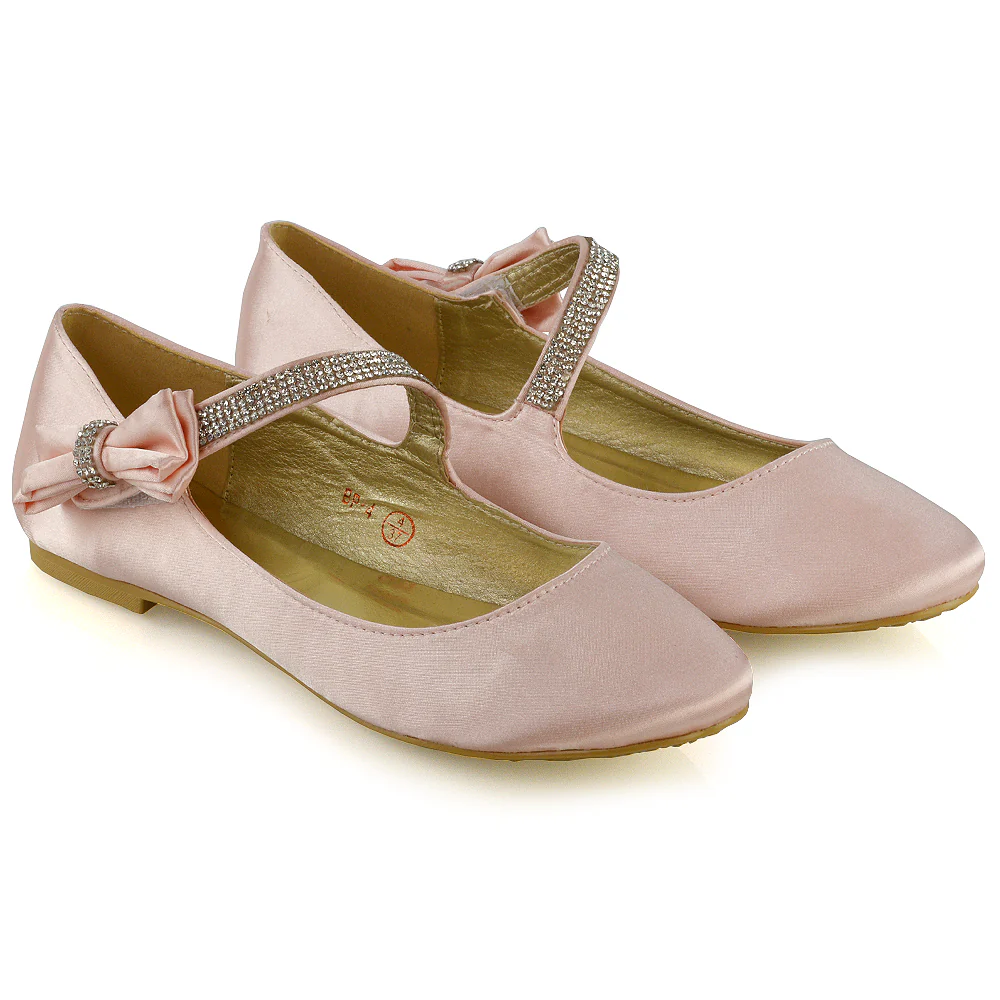 Poppy-Faye Embellished Bow Detail Diamante Strap Wedding Pumps Flat Bridal Shoes in White Satin - Image 88