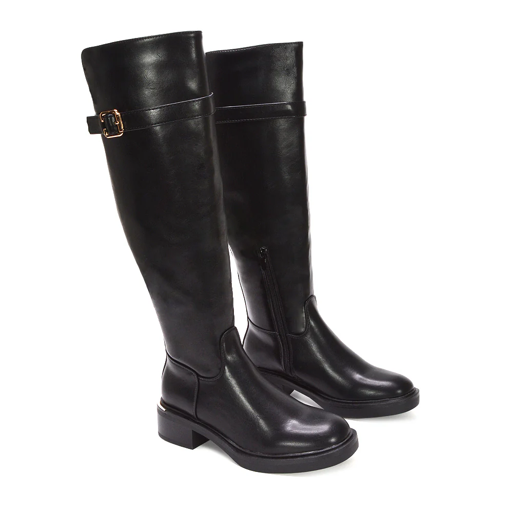 Poppy Knee High Chunky Biker Boots With Gold Detailing in Black Synthetic Leather - Image 6