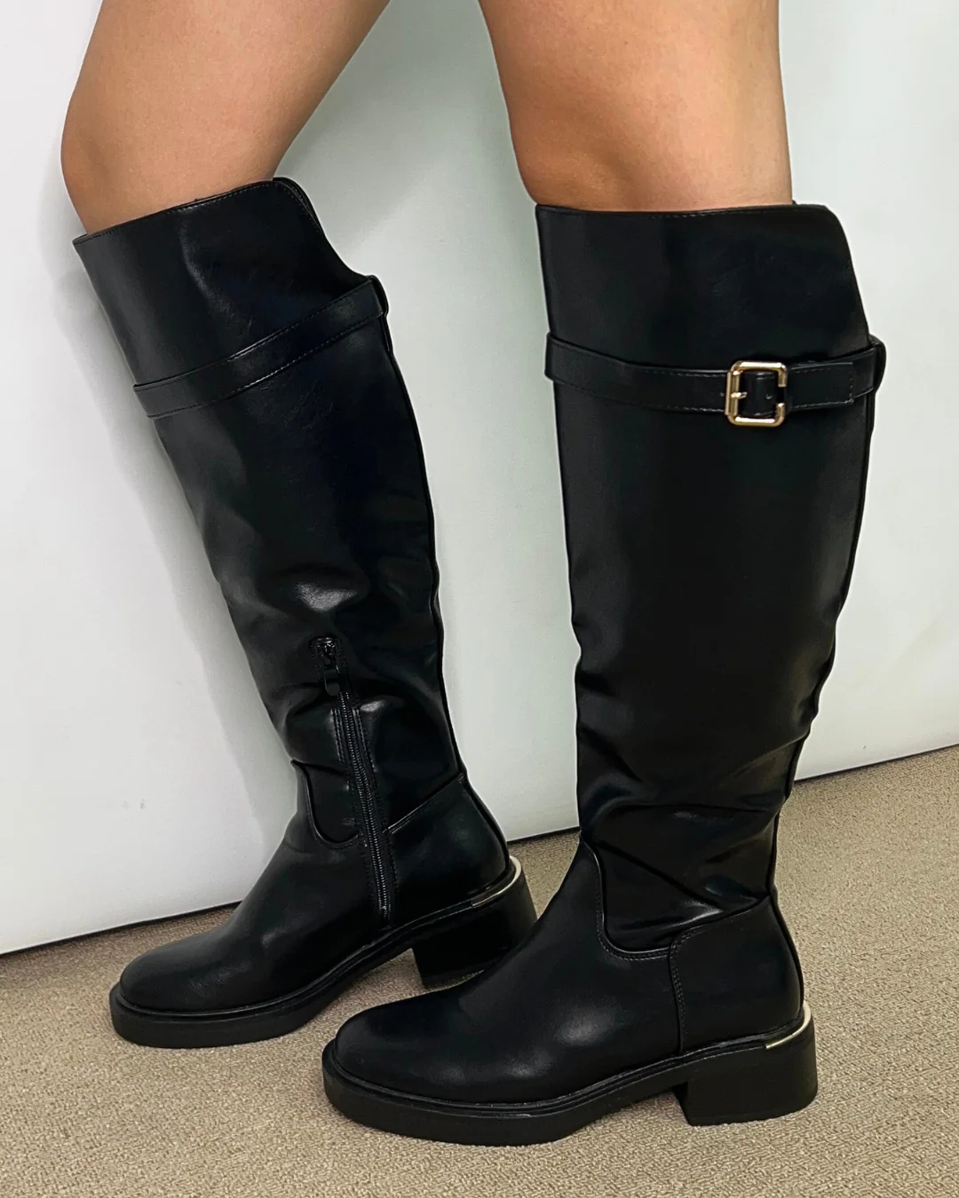 Poppy Knee High Chunky Biker Boots With Gold Detailing in Black Synthetic Leather - Image 7