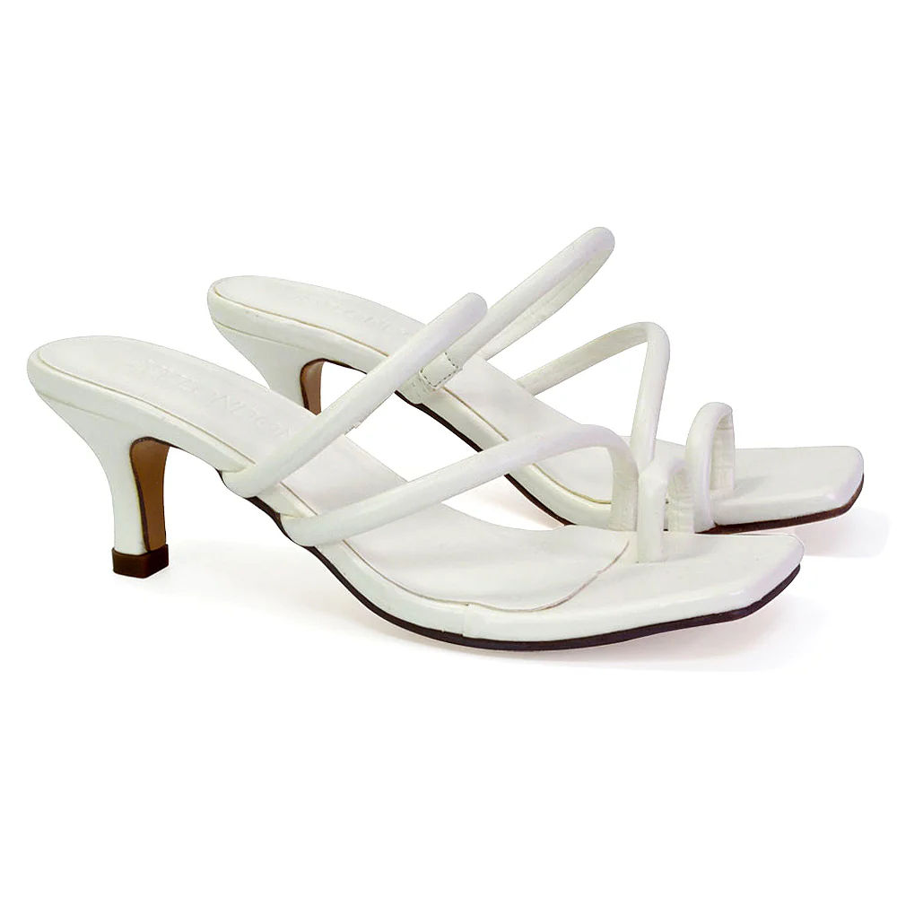 Prancy Toe Post Ring Strappy Square Toe Slip on Kitten Heel Mule Sandals in Fuchsia - Image 34