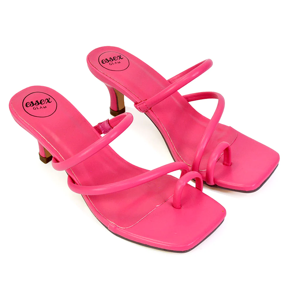 Prancy Toe Post Ring Strappy Square Toe Slip on Kitten Heel Mule Sandals in Fuchsia - Image 36