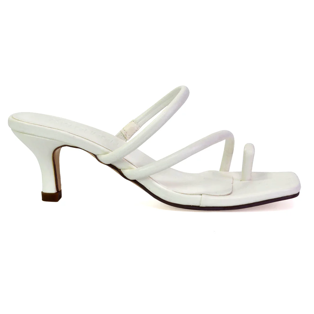 Prancy Toe Post Ring Strappy Square Toe Slip on Kitten Heel Mule Sandals in Gold - Image 28